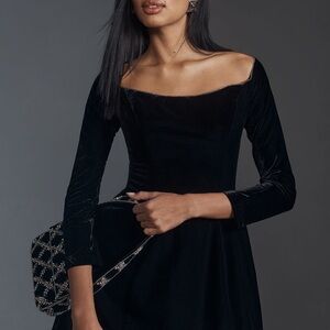 Anthropologie Black Velvet Dress with Diamond Collar Detail